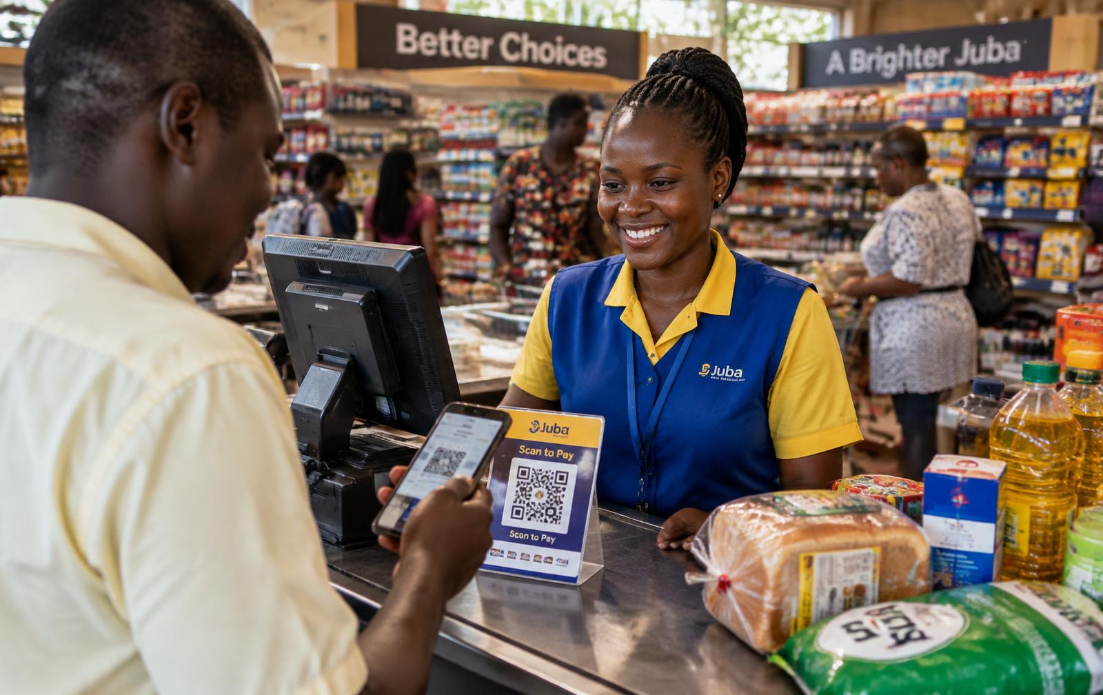 A cashier smiling as a customer pays by scanning an Apay QR code at a supermarket till